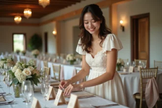 Jeune femme en robe ivoire arrangeant des cartes de table