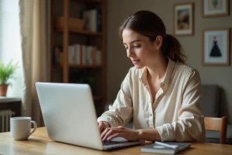 Jeune femme comparant des robes de mariée pas cher sur un site en ligne depuis son bureau à domicile