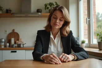 Femme pensante touchant une bague en argent sur la main
