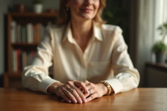 Femme élégante montrant ses bagues sur les mains