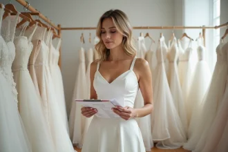 Femme en robe de mariée simple consultant un devis de couturière dans un atelier de confection nuptiale