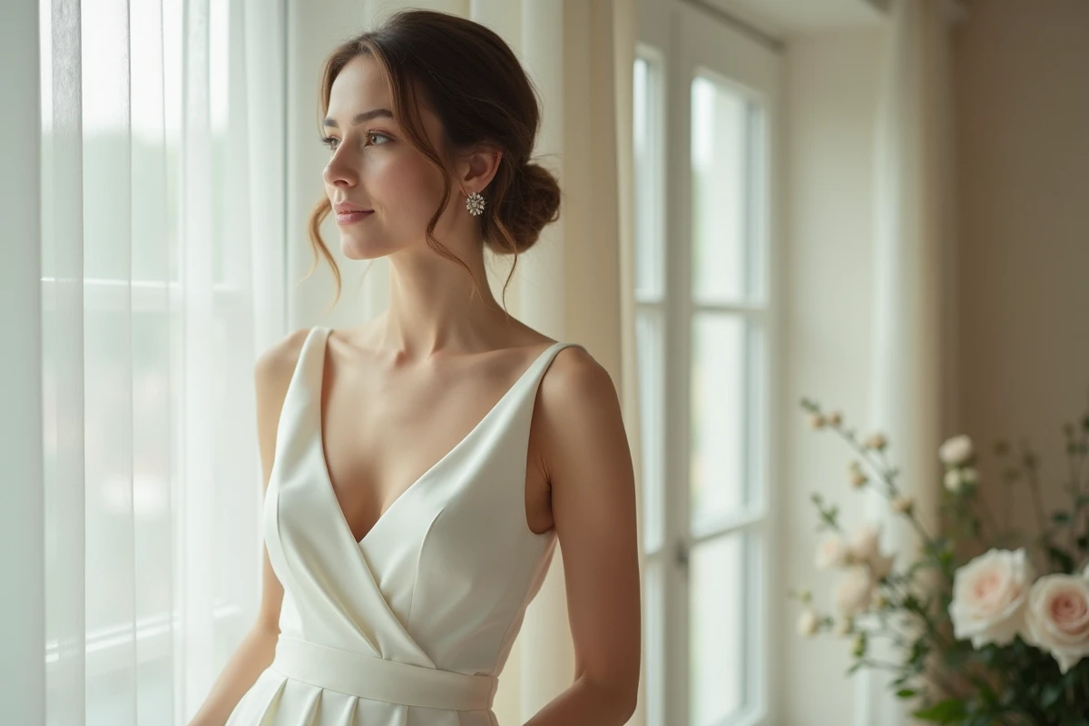 Femme en robe de mariée satinée regardant par la fenêtre