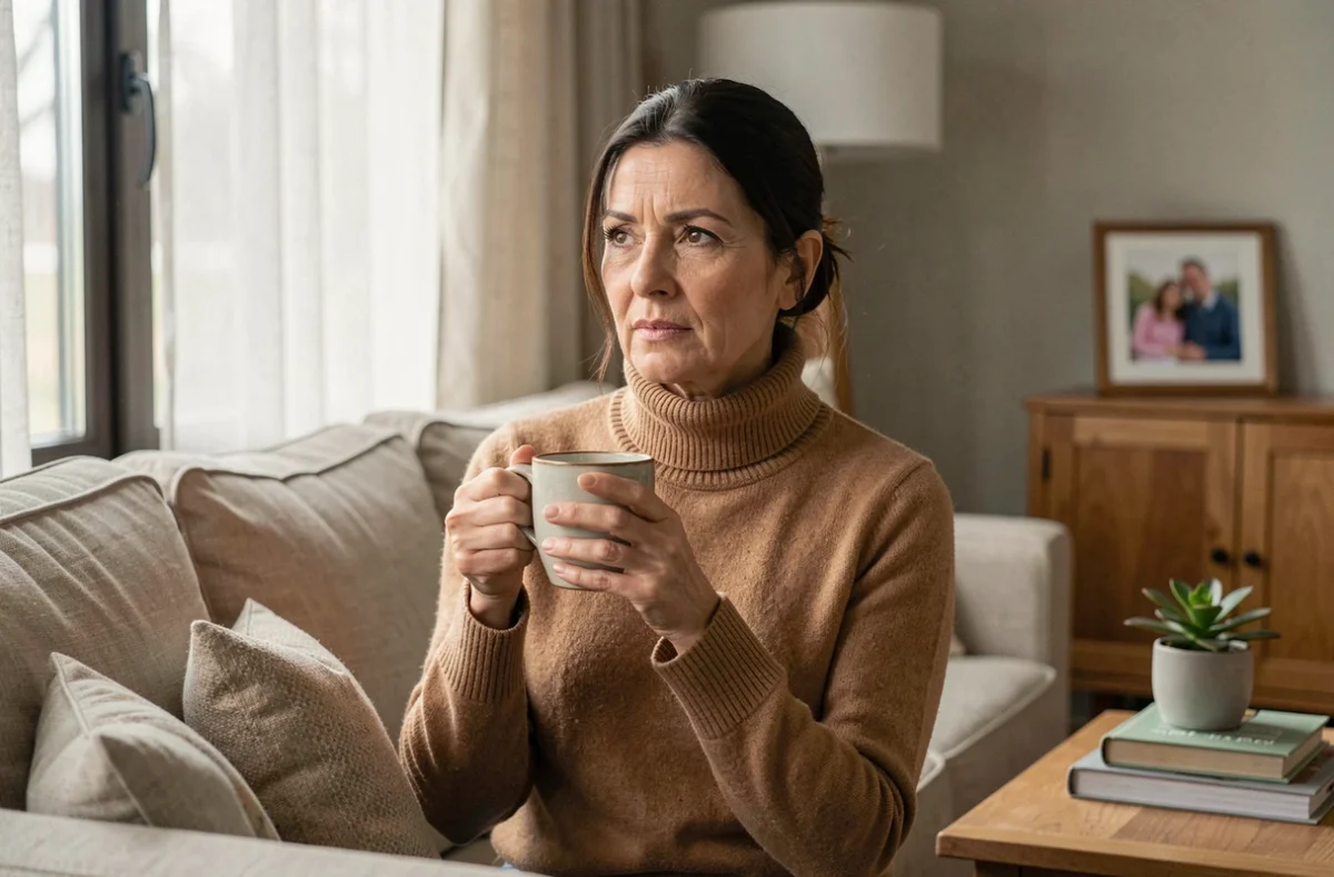 Femme assise dans un salon chaleureux tenant une tasse de café, illustration de la vie familiale et personnelle d'une personnalité