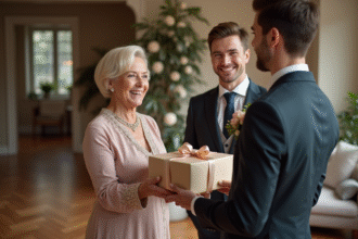 Femme élégante offrant un cadeau de mariage à un jeune couple