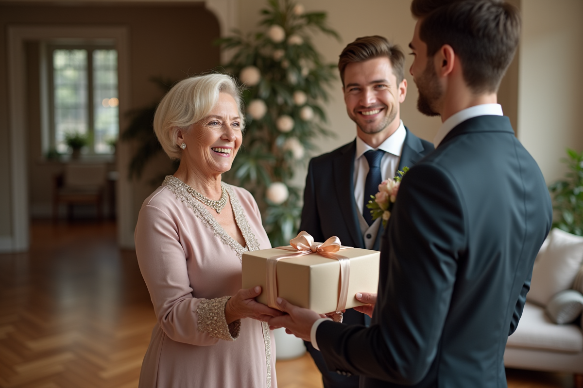 Femme élégante offrant un cadeau de mariage à un jeune couple