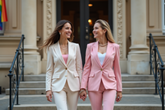 Deux femmes souriantes en costume pastel devant mairie