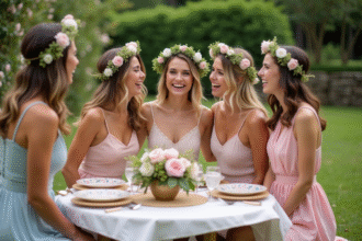 Groupe de femmes en robes pastel et couronnes de fleurs lors d'un pique-nique en jardin