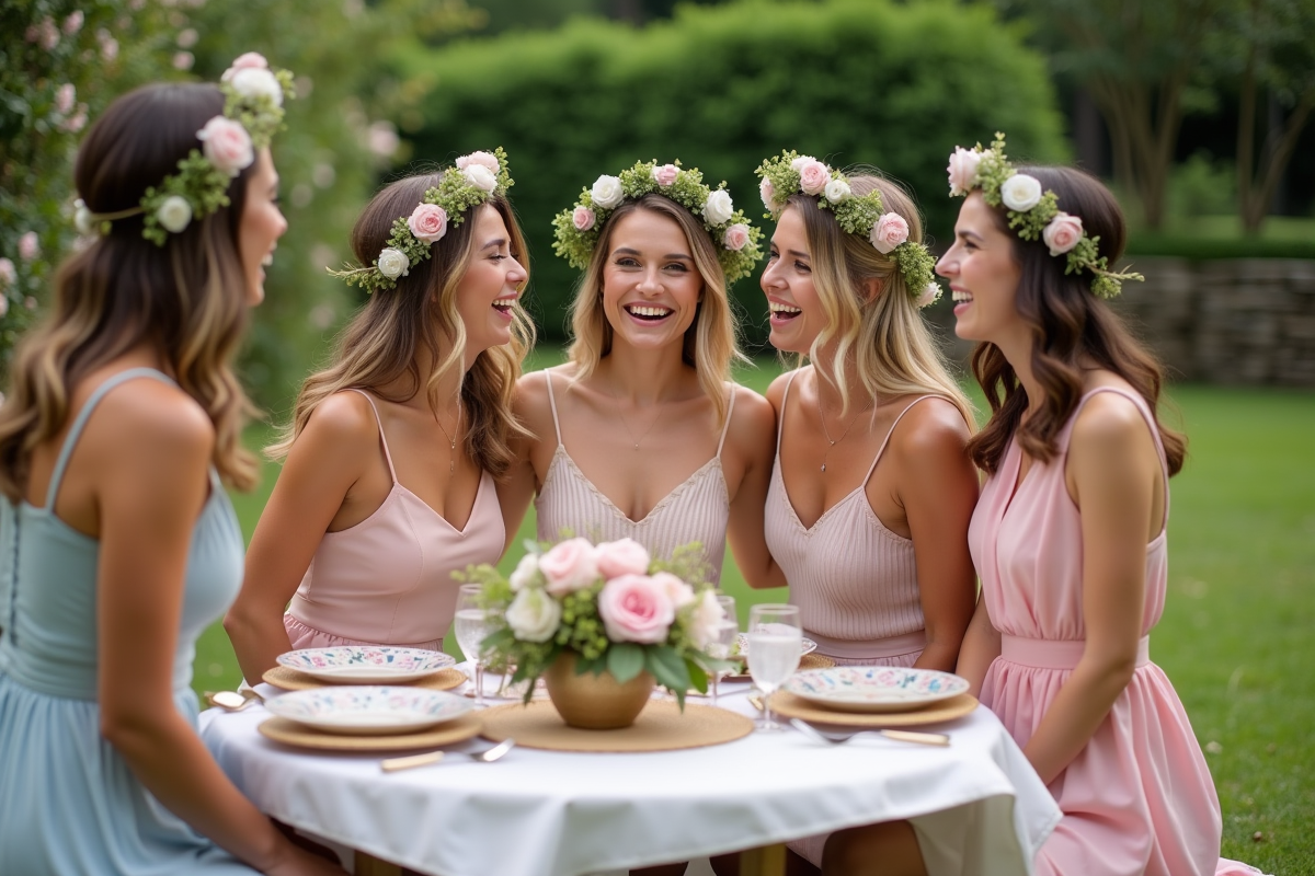 Groupe de femmes en robes pastel et couronnes de fleurs lors d'un pique-nique en jardin