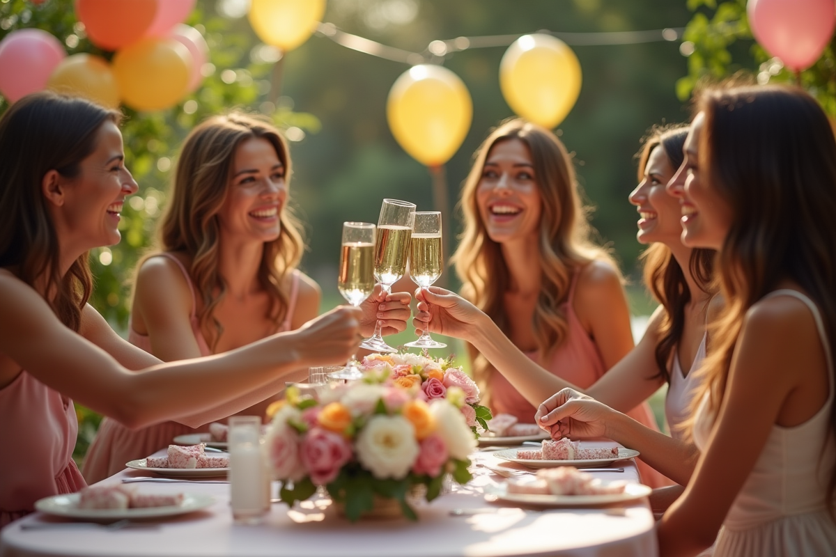 Femmes riant et trinquant avec champagne lors d'une fête en plein air