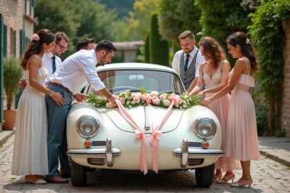 Groupe d'invites decorant une voiture blanche pour un mariage