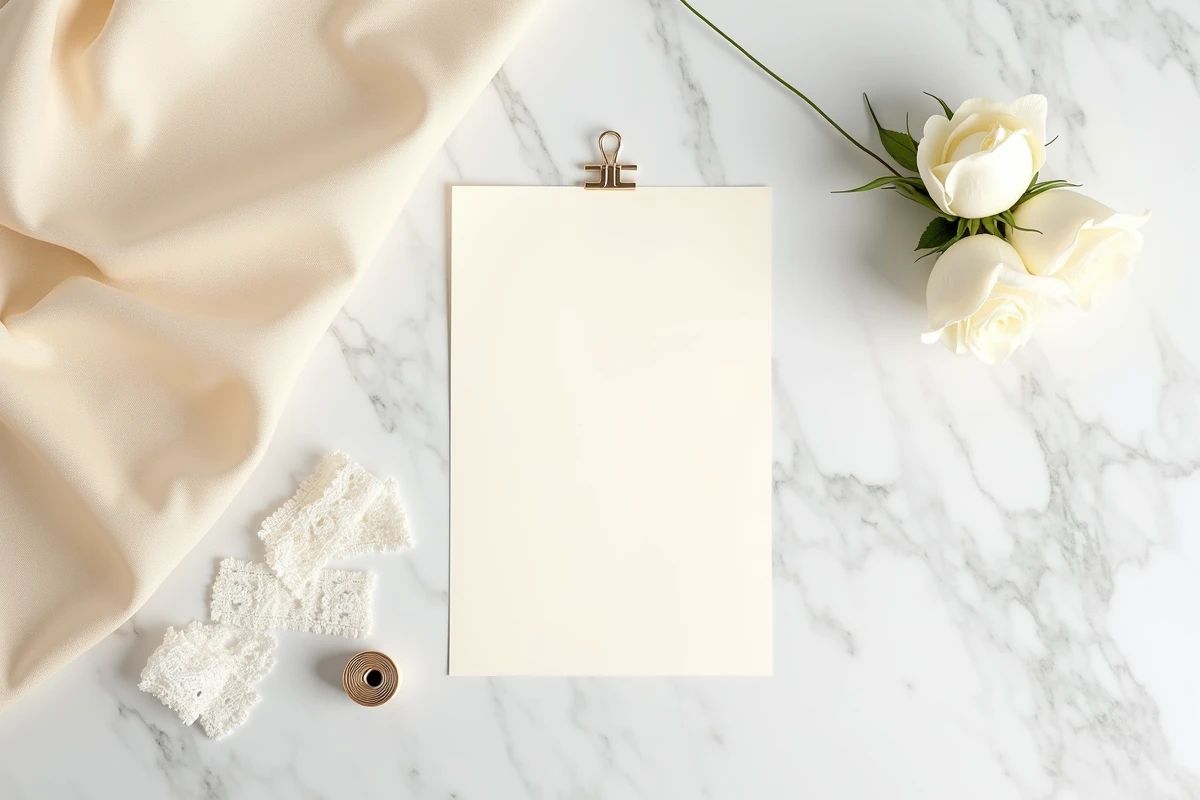 Flat lay de tissus de mariée, dentelles et budget manuscrit pour une robe de mariée sur mesure économique