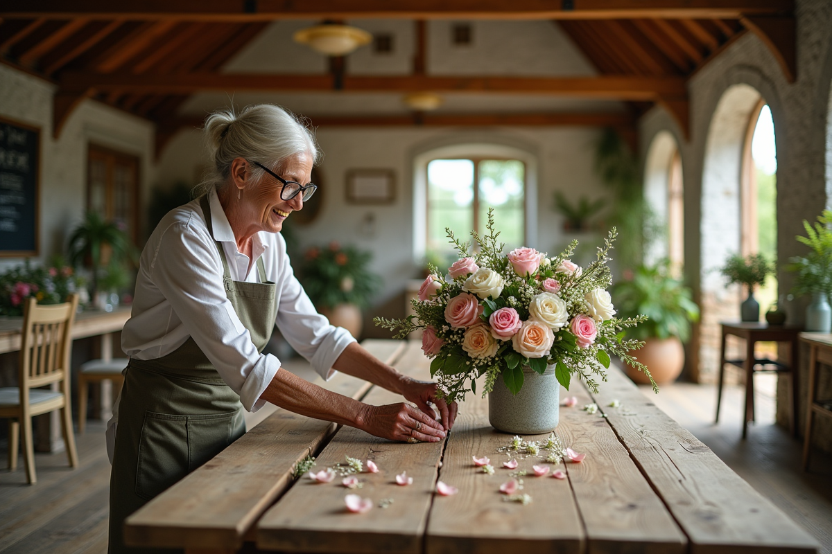 Fleuriste âgé arrangeant des roses et pivoines dans une grange