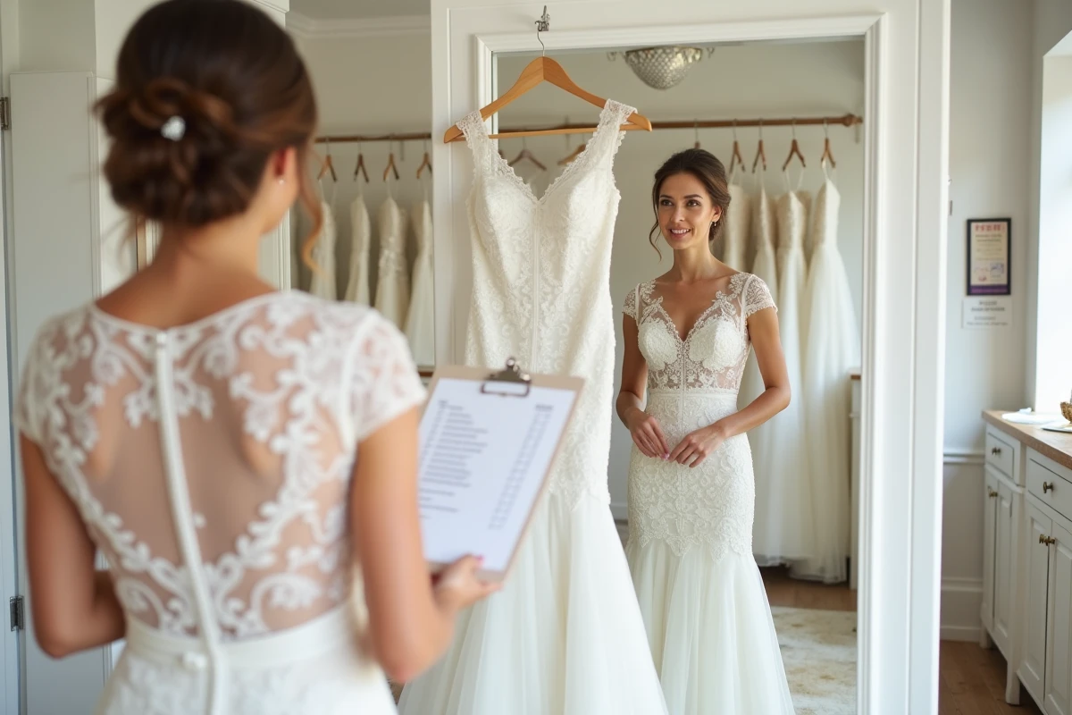 Future mariée évaluant la qualité d'une robe de mariage économique dans une boutique de confiance