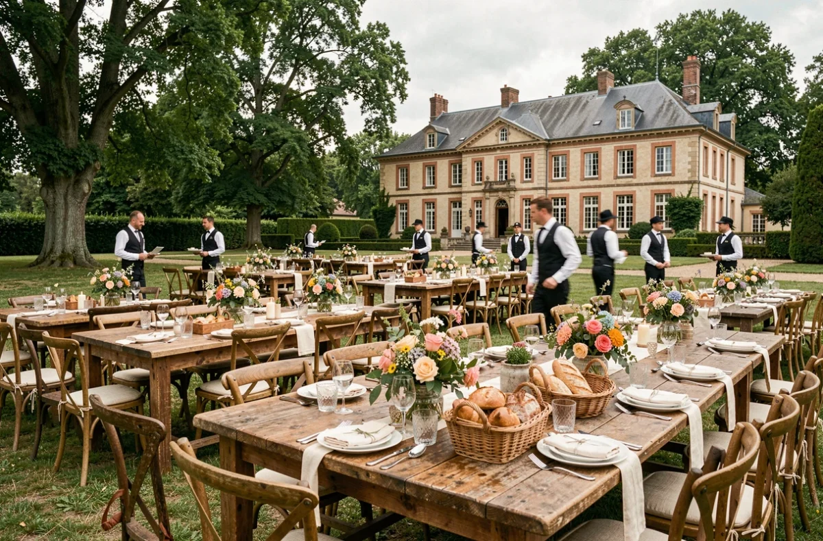 Banquet de mariage en plein air organisé par Granville Réceptions dans un domaine des Yvelines