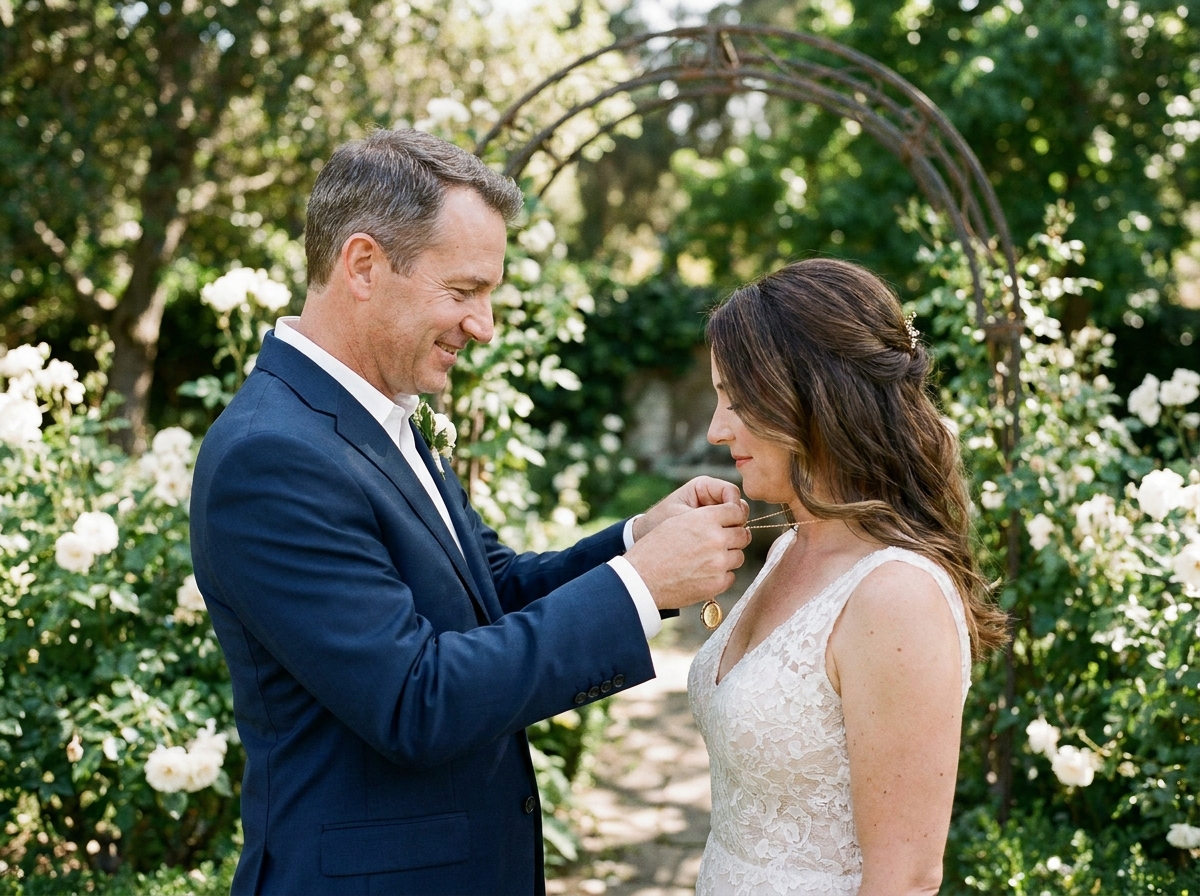 Marié ajustant la chaîne de la mariée dans le jardin