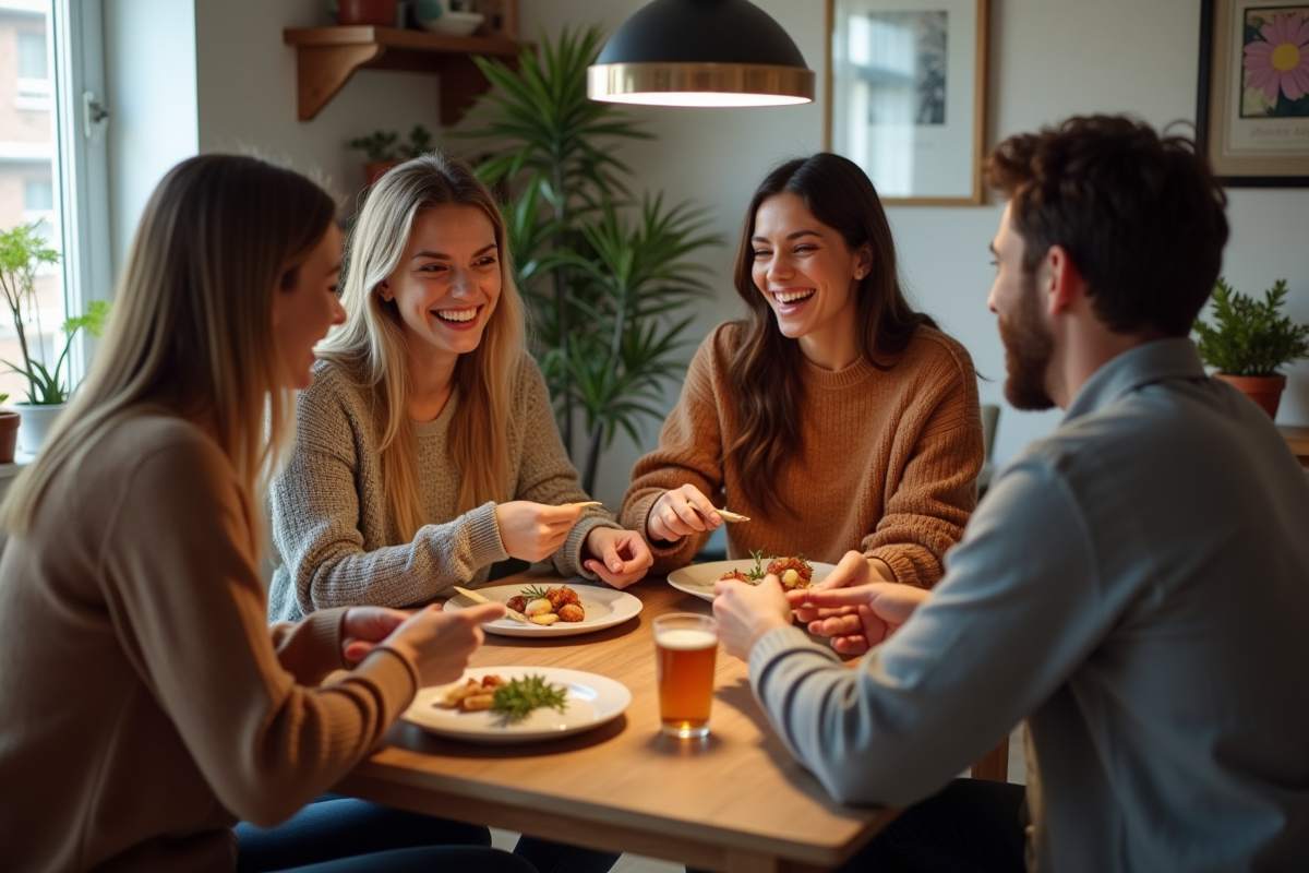 Groupe d'amis autour d'un dîner convivial à la maison