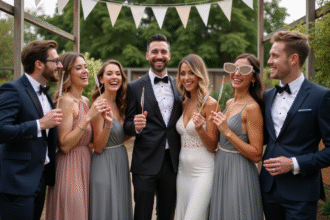 Groupe d'amis au mariage avec photobooth extérieur