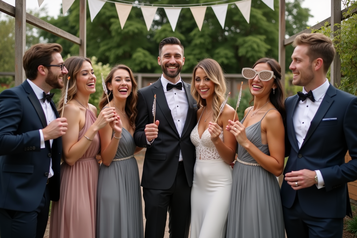 Groupe d'amis au mariage avec photobooth extérieur