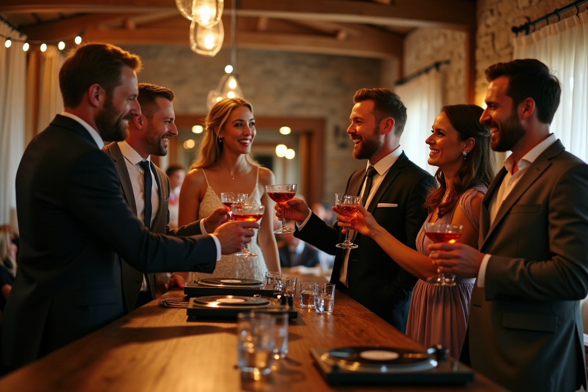 Groupe d invités riant autour d un bar à vinyles au mariage
