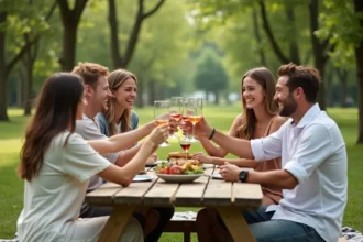 Groupe d'amis riant lors d'un pique-nique dans un parc en été