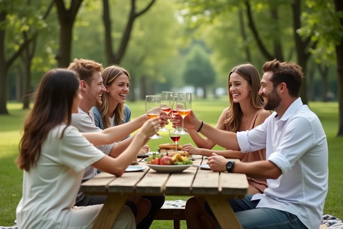 Groupe d'amis riant lors d'un pique-nique dans un parc en été