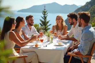 Groupe d'amis souriants autour d'une table en terrasse ensoleillée