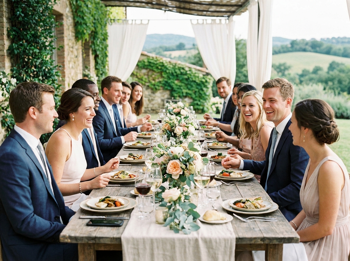 Invites de mariage autour d une table en plein air