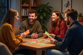 Groupe d'adultes jouant à un jeu de société convivial