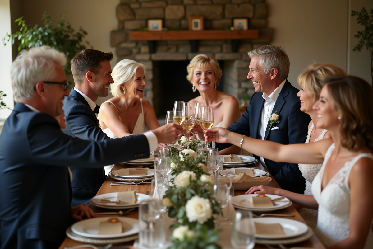 Groupe d'adultes et seniors lors d'un mariage chaleureux