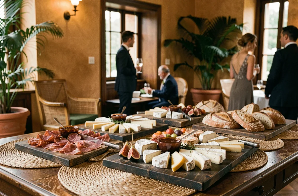 Station charcuterie et fromages élaborée par Havane Traiteur pour un mariage avec ambiance raffinée