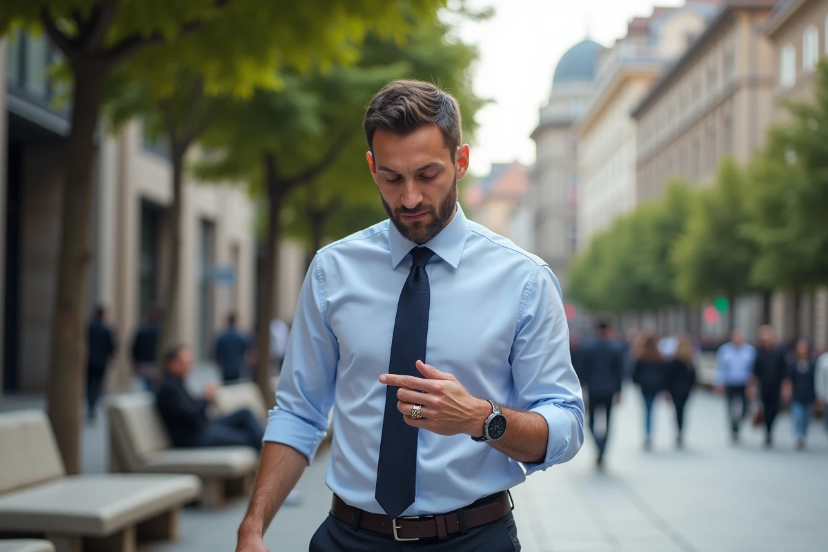 Homme d affaires regardant sa bague en or dans une place urbaine