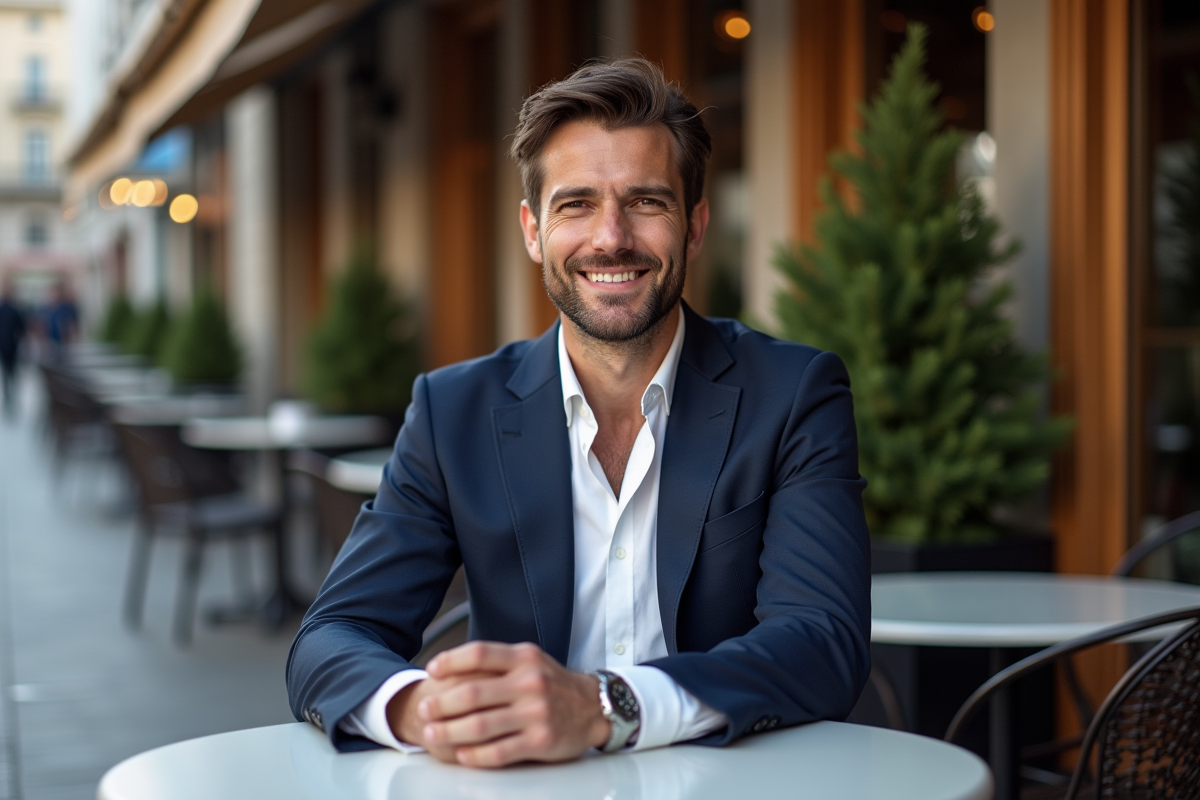 Homme en costume assis dans un café urbain chic