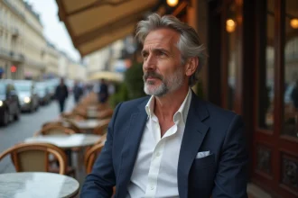 Homme élégant seul à la terrasse d'un café parisien, regard pensif, rumeurs de couple dans les médias