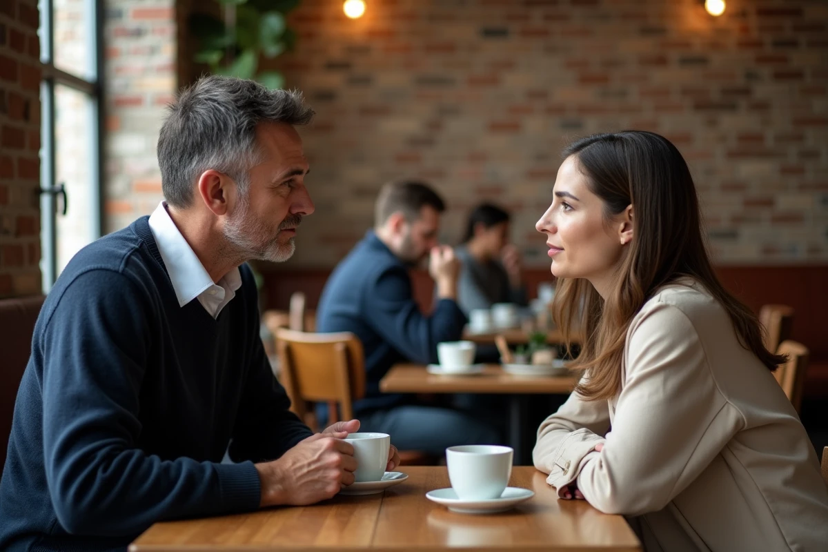 Un homme et une femme en discussion sérieuse dans un café, illustrant les attentes et la prudence après une déception amoureuse