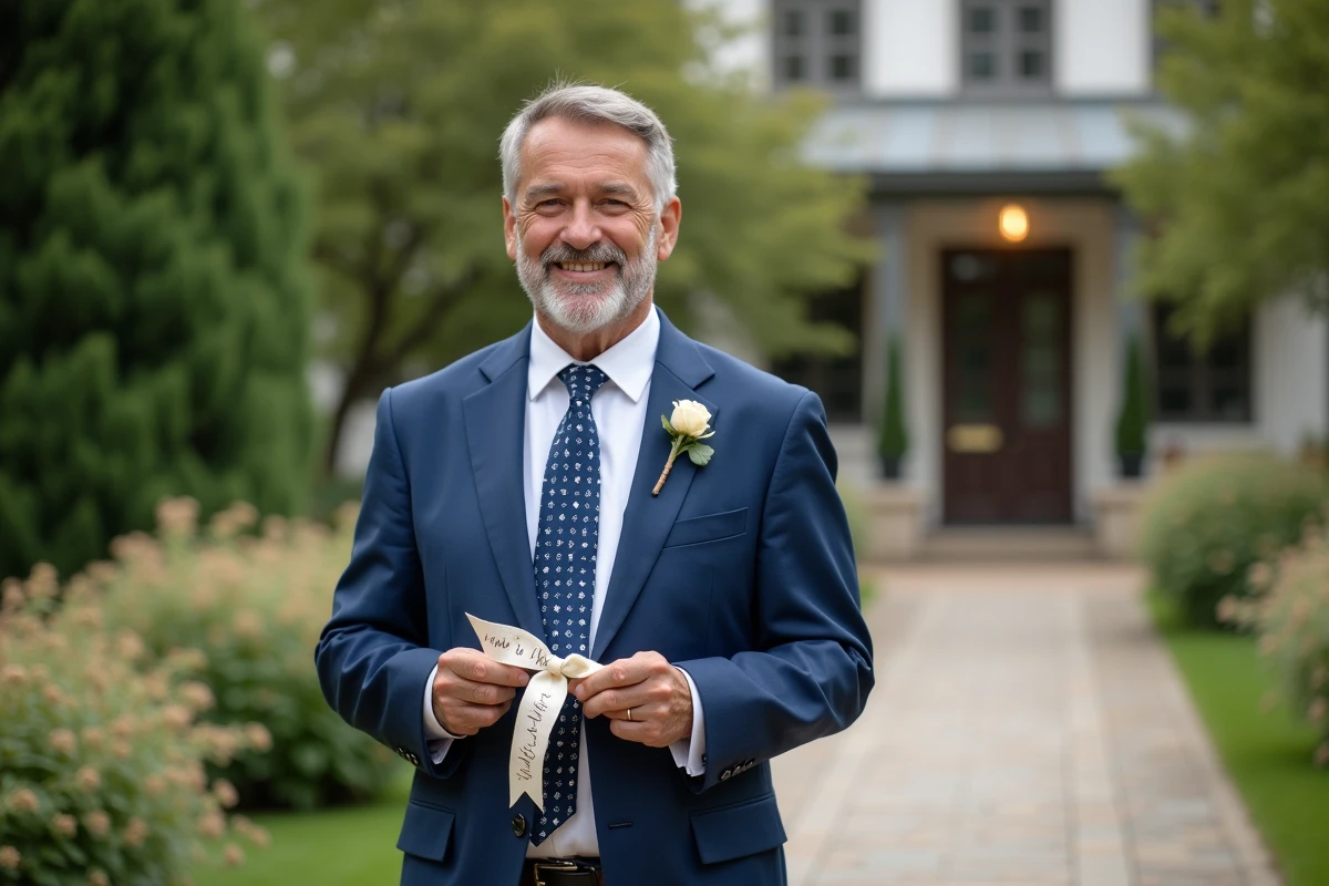 Homme en costume bleu attachant une invitation dans un jardin