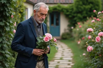 Homme mature en jardin tailleur prunant des roses dans un jardin paisible