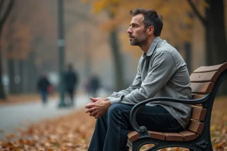 Homme pensif assis seul sur un banc de parc en automne, exprimant une déception amoureuse et une quête de nouvelles attentes relationnelles