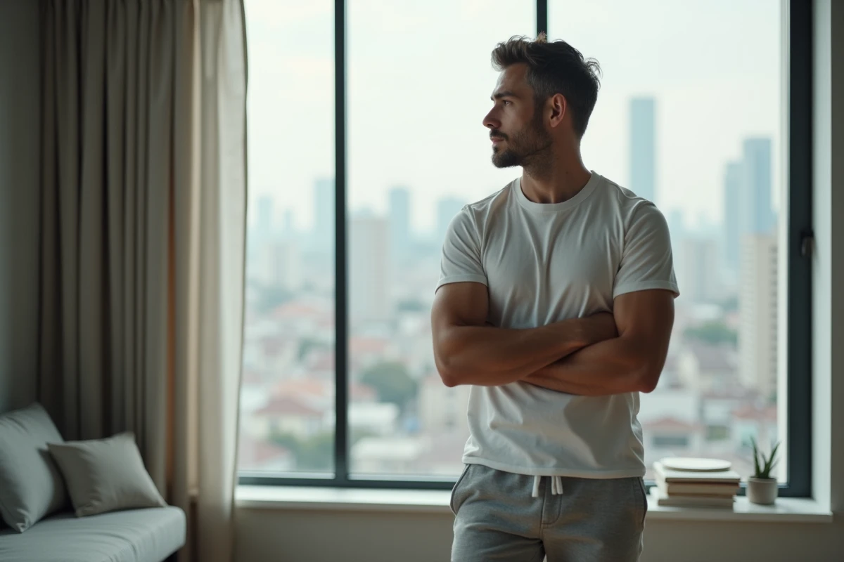 Homme seul chez lui regardant par la fenêtre, symbolisant l'introspection et les nouvelles attentes après une rupture amoureuse