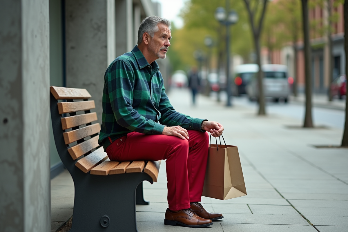Homme assis sur un banc urbain avec tenue colorée perplexe