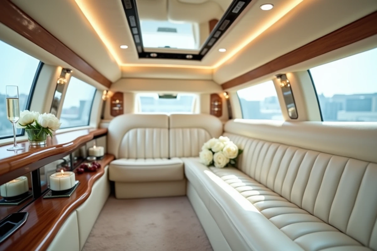 Intérieur luxueux d'une limousine de mariage avec sièges en cuir crème et flûtes à champagne