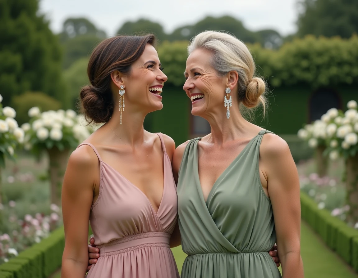 Deux invitées souriantes portant des boucles d'oreilles élégantes lors d'un mariage en extérieur