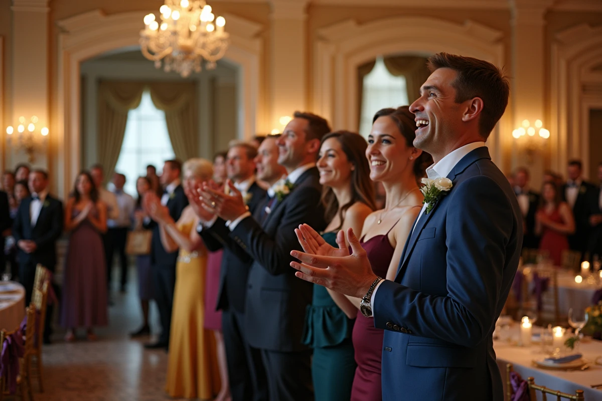 Invités de mariage enthousiastes attendant l'entrée des mariés dans une grande salle de réception décorée