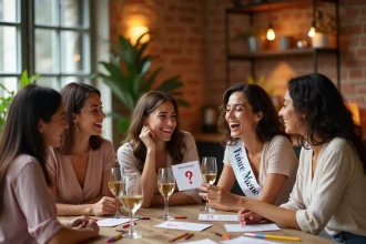Groupe de femmes jouant à un jeu EVJF imprimé autour d'une table en bois avec des cartes de questions et des coupes de champagne