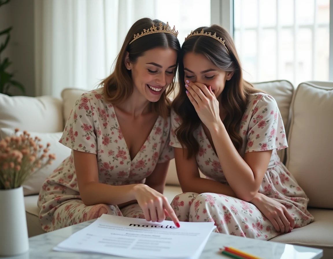 Deux amies complices découvrant les questions d'un jeu EVJF imprimé sur une feuille posée sur une table basse