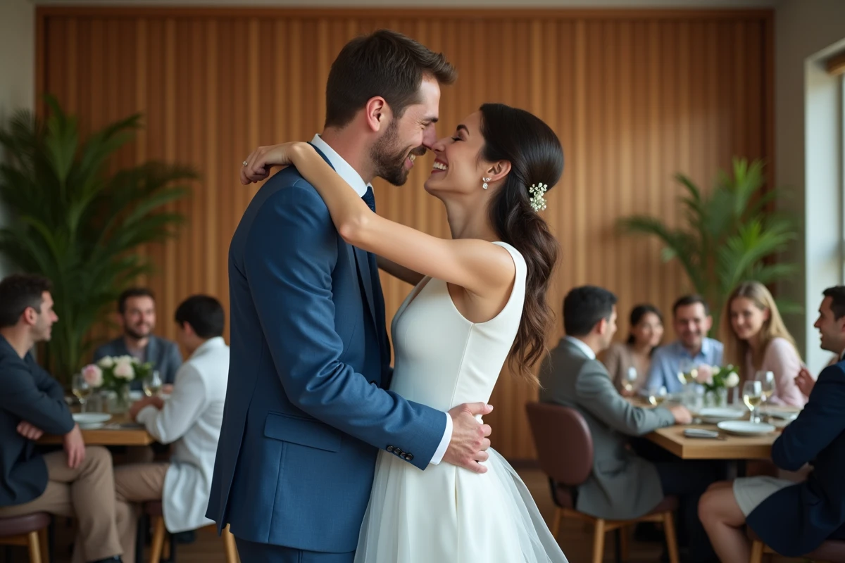 Jeune couple s’embrassant dans un salon chaleureux après la cérémonie