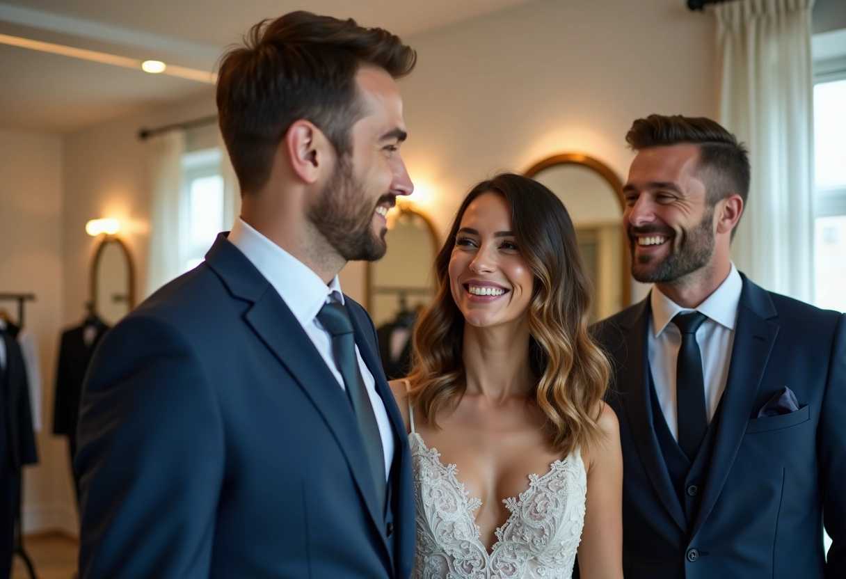 Jeune couple essayant un costume de mariage dans une boutique