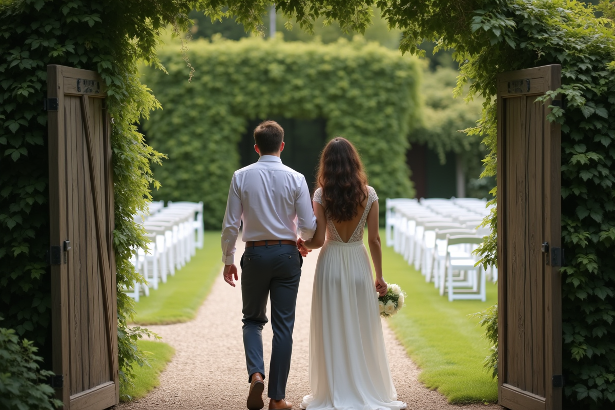 Jeune couple saluant des invités dans le jardin