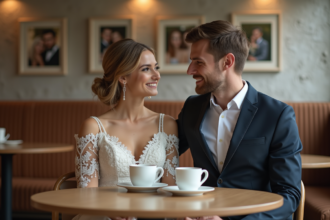 Jeune couple marié en café partageant une conversation naturelle