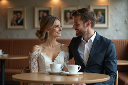 Jeune couple marié en café partageant une conversation naturelle