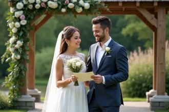 Jeune couple marié échangeant un mot dans un jardin